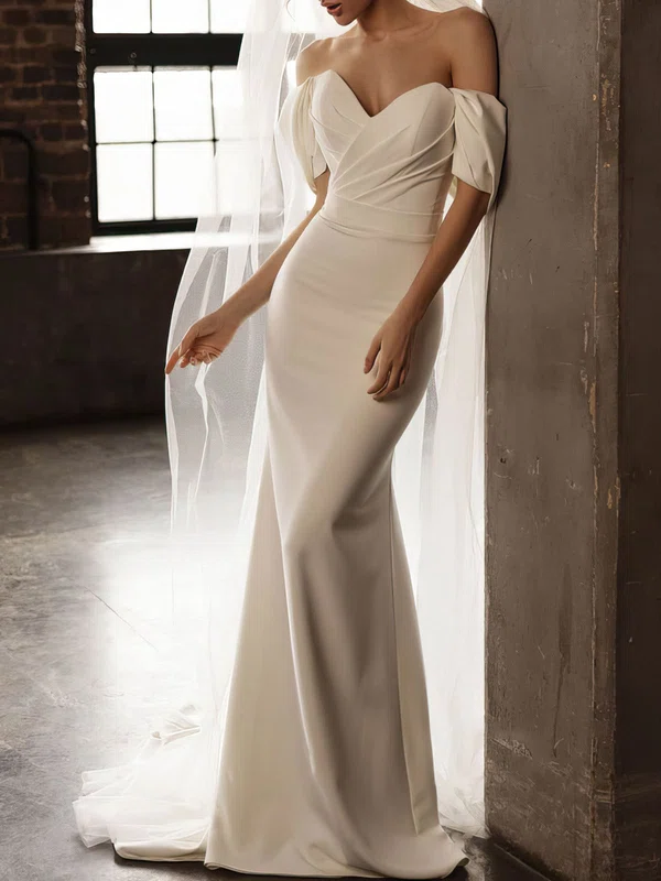 Trumpet/Mermaid Off-the-shoulder Stretch Crepe Sweep Train Wedding Dress With Ruched #Milly00027093