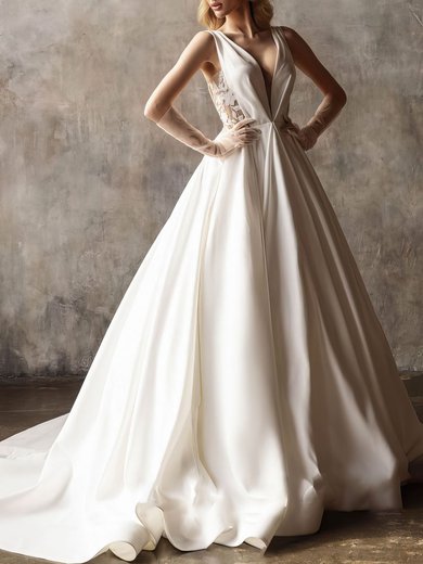 Ball Gown/Princess V-neck Satin Court Train Wedding Dress With Appliques Lace #Milly00027097