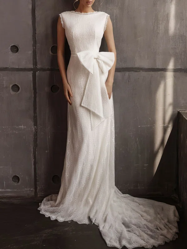 Sheath/Column Scoop Neck Lace Court Train Wedding Dress With Bow #Milly00027099