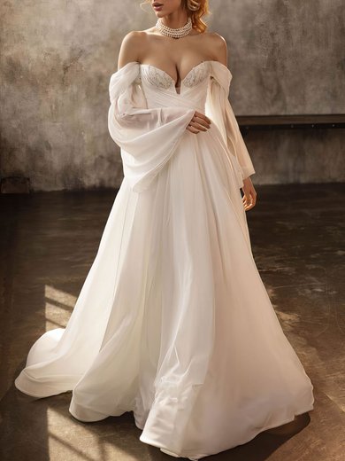 Ball Gown/Princess Off-the-shoulder Chiffon Sweep Train Wedding Dress With Appliques Lace #Milly00027100