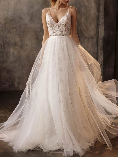 Ball Gown/Princess V-neck Tulle Sweep Train Wedding Dress With Appliques Lace #Milly00027105