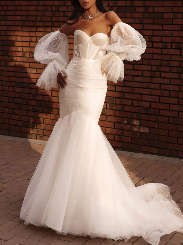 Trumpet/Mermaid Sweetheart Tulle Court Train Wedding Dress With Appliques Lace #Milly00027107