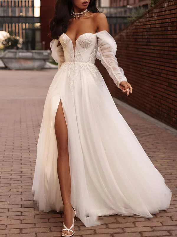 Ball Gown/Princess Off-the-shoulder Tulle Court Train Wedding Dress With Split Front #Milly00027109