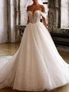 Ball Gown/Princess Off-the-shoulder Glitter Tulle Court Train Wedding Dress With Ruched #Milly00027110