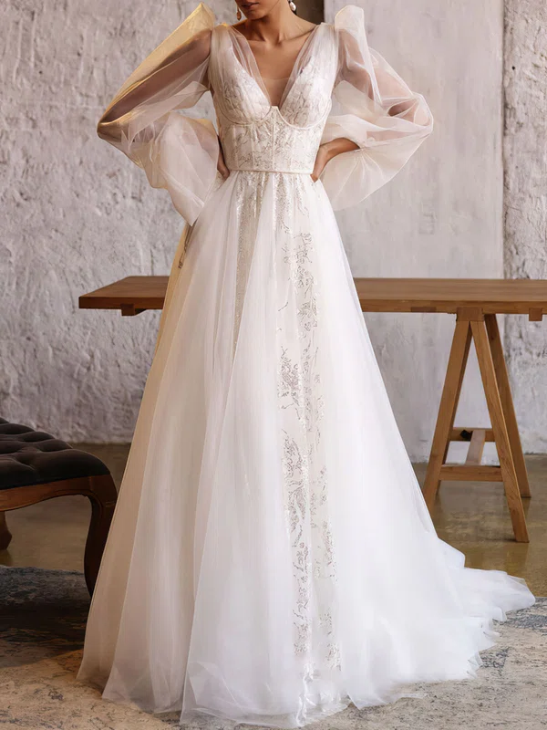 Ball Gown/Princess V-neck Tulle Sweep Train Wedding Dress With Appliques Lace #Milly00027112