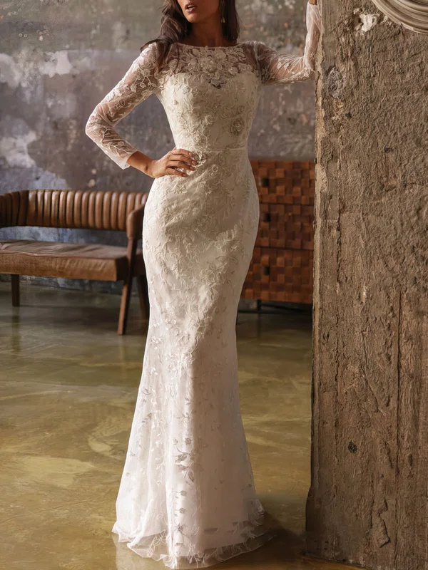 Sheath/Column Scoop Neck Lace Floor-length Wedding Dress With Beading #Milly00027120