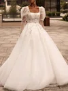 Ball Gown/Princess Square Neckline Tulle Chapel Train Wedding Dress With Appliques Lace #Milly00027122