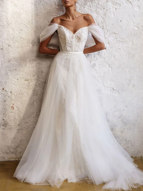 Ball Gown/Princess Off-the-shoulder Lace Tulle Sweep Train Wedding Dress With Beading #Milly00027123