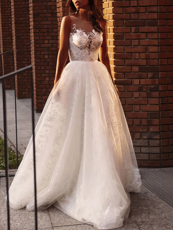 Ball Gown/Princess Illusion Lace Tulle Court Train Wedding Dress With Appliques Lace #Milly00027124