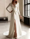 A-line V-neck Stretch Crepe Sweep Train Wedding Dress With Split Front #Milly00027130