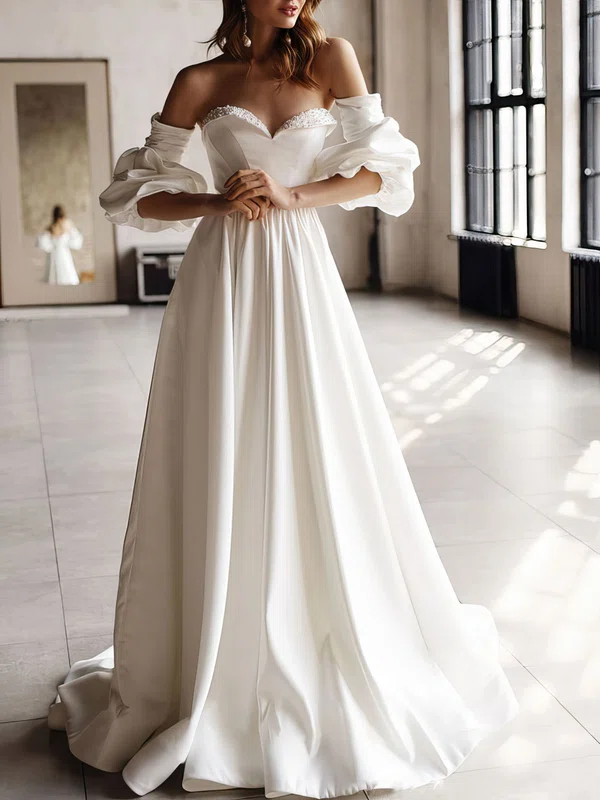 Ball Gown/Princess V-neck Satin Court Train Wedding Dress With Beading #Milly00027132