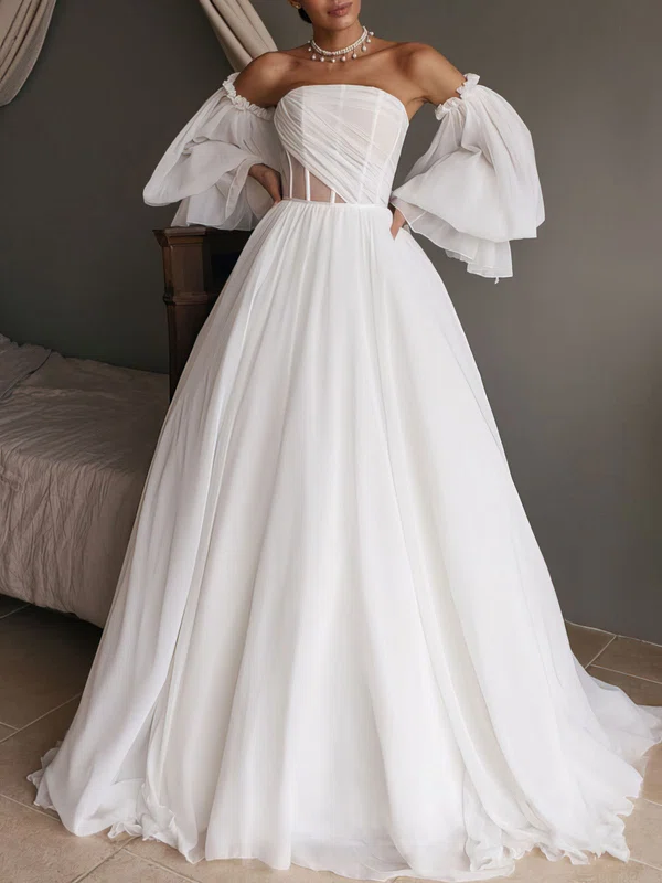 Ball Gown/Princess Straight Chiffon Sweep Train Wedding Dress With Ruched #Milly00027133