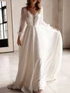 A-line V-neck Satin Chiffon Sweep Train Wedding Dress With Appliques Lace #Milly00027145