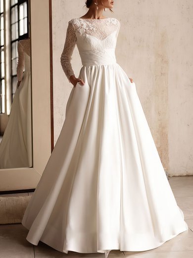 Ball Gown/Princess Scoop Neck Satin Court Train Wedding Dress With Beading #Milly00027146