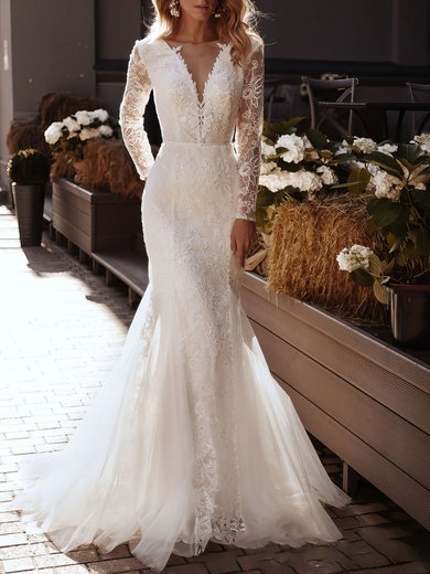 Trumpet/Mermaid V-neck Tulle Sweep Train Wedding Dress With Appliques Lace #Milly00027149