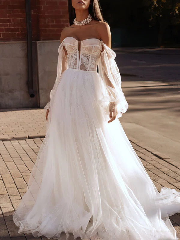 Ball Gown/Princess Off-the-shoulder Lace Tulle Sweep Train Wedding Dress With Appliques Lace #Milly00027153