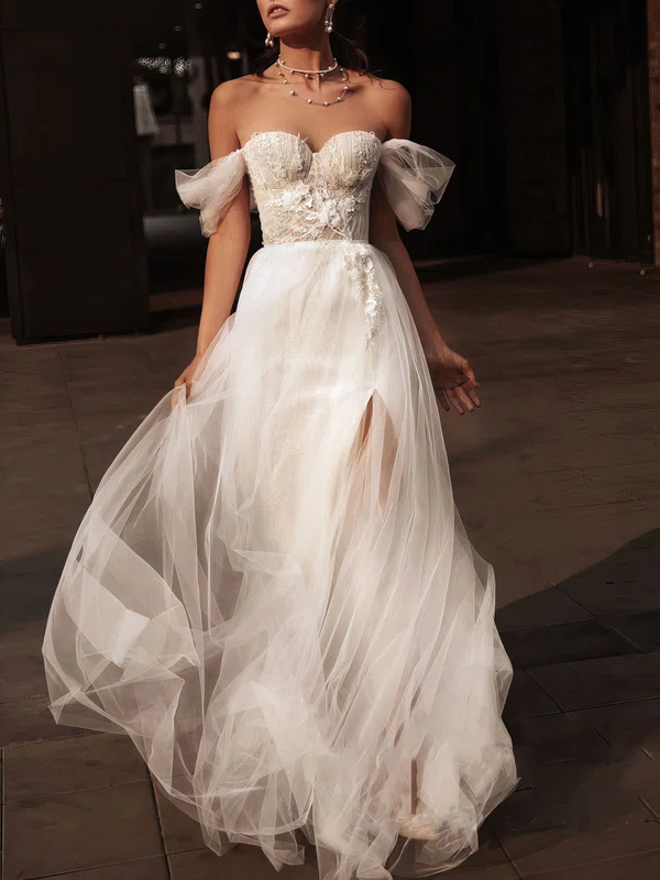 Ball Gown/Princess Off-the-shoulder Lace Tulle Sweep Train Wedding Dress With Split Front #Milly00027156