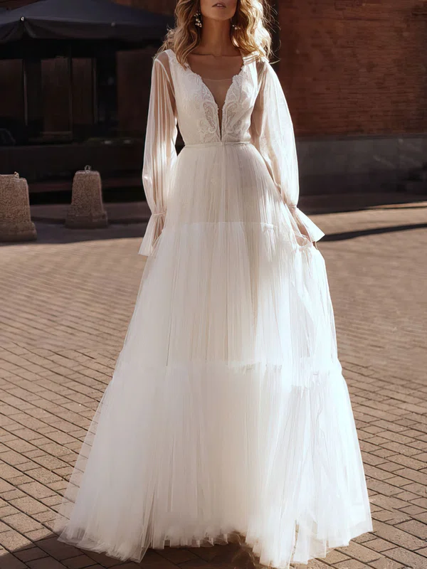 Ball Gown/Princess V-neck Lace Tulle Sweep Train Wedding Dress With Appliques Lace #Milly00027158