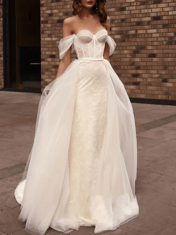 Sheath/Column Off-the-shoulder Lace Court Train Wedding Dress With Ruched #Milly00027166