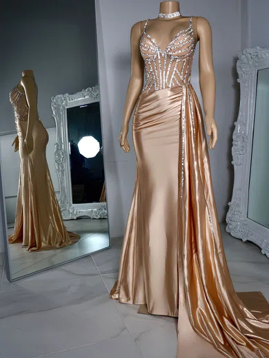 Sheath/Column V-neck Ruched Satin Prom Dresses With Beading #Milly020122213