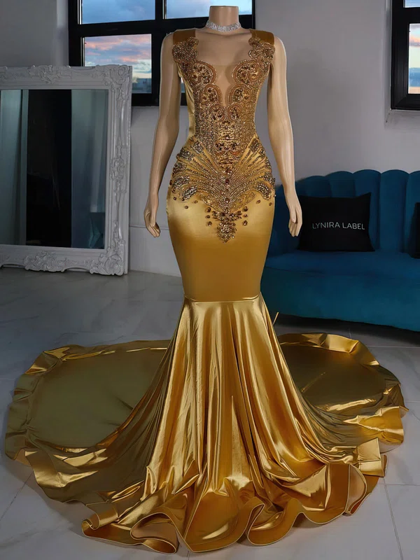 Mermaid V-neck Satin Prom Dresses With Beading #Milly020122214