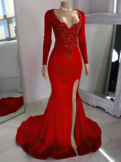 Mermaid V-neck Stretch Crepe Prom Dresses With Appliques #Milly020122220