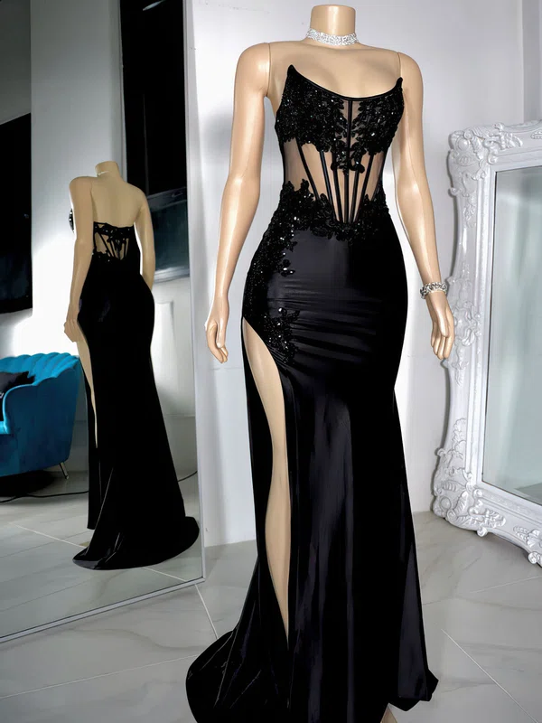 Sheath/Column Straight Satin Sweep Train Prom Dress With Appliques Lace #Milly020122223