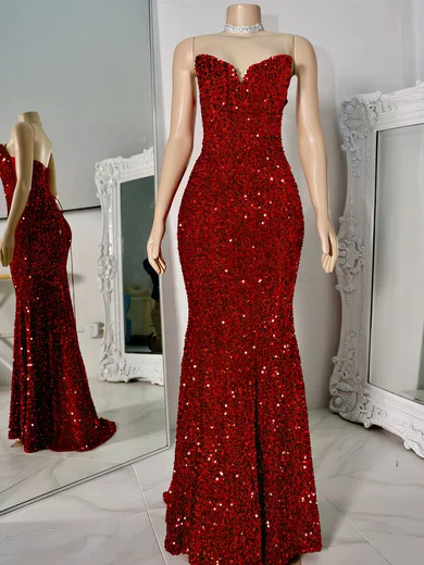 Mermaid Strapless Sparkly Velvet Sequin Prom Dresses #Milly020122225
