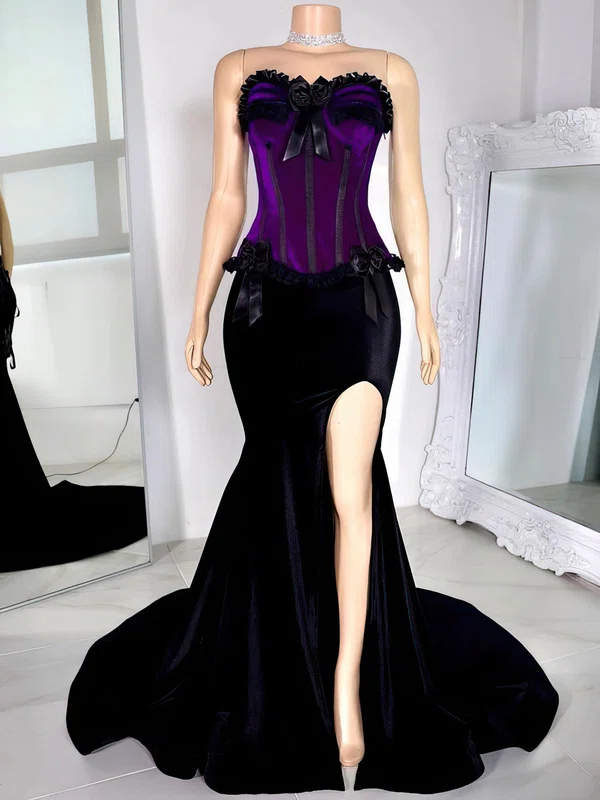 Mermaid Strapless Velvet Corset Prom Dresses With Floral #Milly020122228