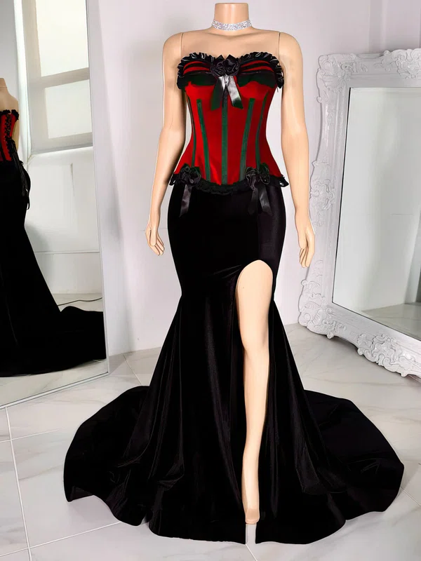 Mermaid Strapless Velvet Corset Prom Dresses With Floral #Milly020122229