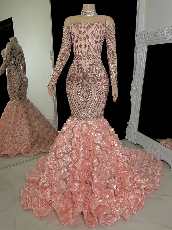 Trumpet/Mermaid Off-the-shoulder Glitter Lace Sweep Train Prom Dress With Flower(s) #Milly020122237