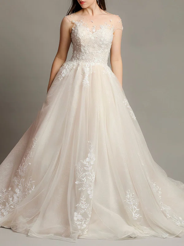 Ball Gown/Princess Illusion Tulle Court Train Wedding Dress With Beading #Milly00028122