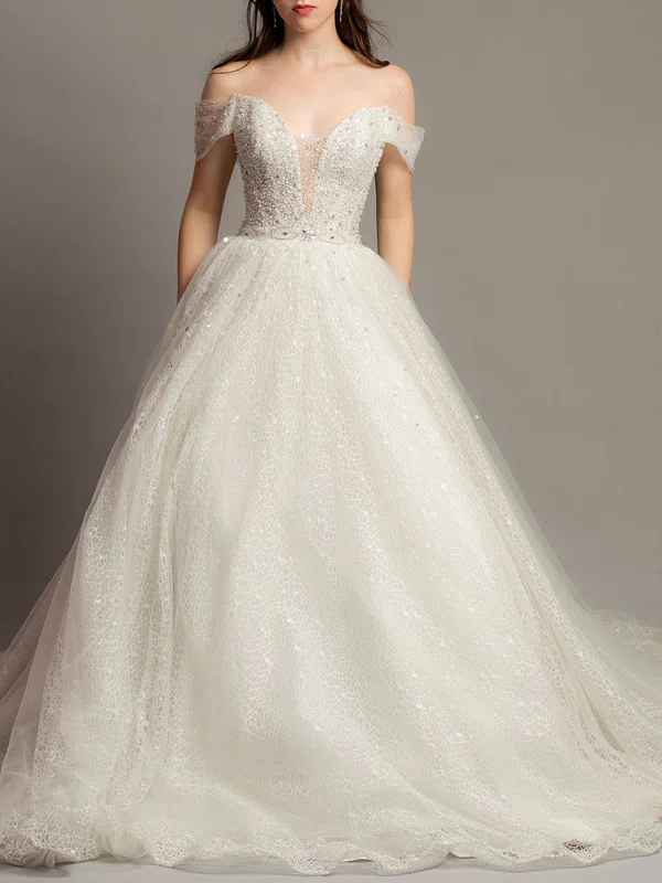 Ball Gown/Princess Off-the-shoulder Tulle Court Train Wedding Dress With Beading #Milly00028123