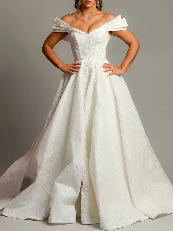 Ball Gown/Princess Off-the-shoulder Lace Sweep Train Wedding Dress With Beading #Milly00028129