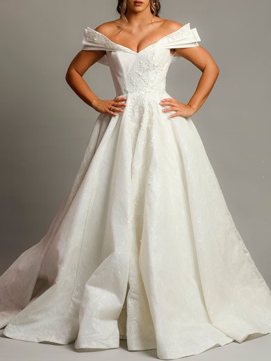 Ball Gown/Princess Off-the-shoulder Lace Sweep Train Wedding Dress With Beading #Milly00028129