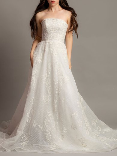 Ball Gown/Princess Straight Lace Court Train Wedding Dress With Beading #Milly00028130