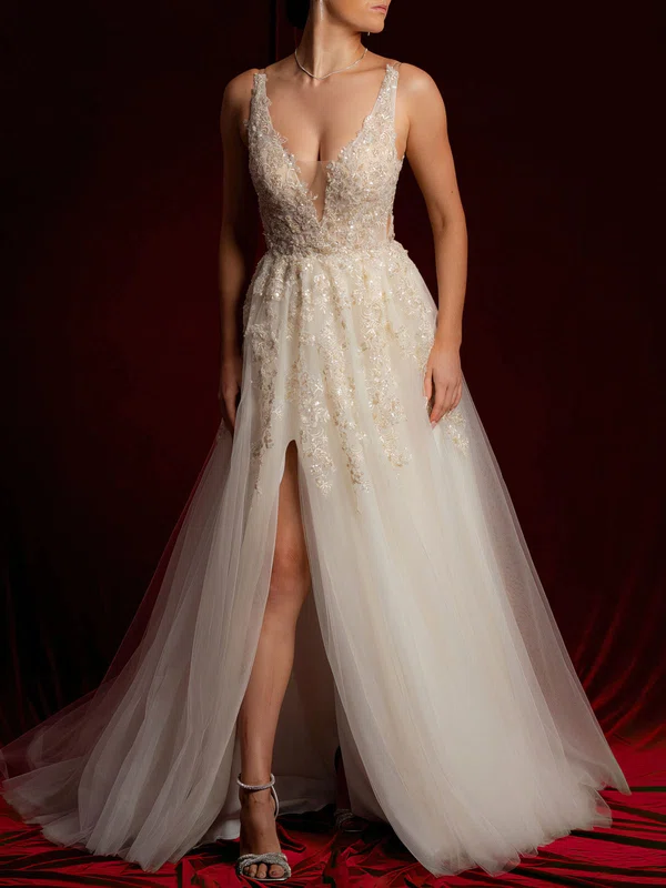 Ball Gown/Princess V-neck Tulle Sweep Train Wedding Dress With Split Front #Milly00028131