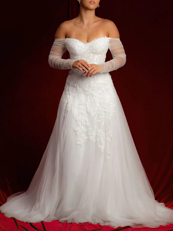 Ball Gown/Princess Off-the-shoulder Tulle Sweep Train Wedding Dress With Appliques Lace #Milly00028132