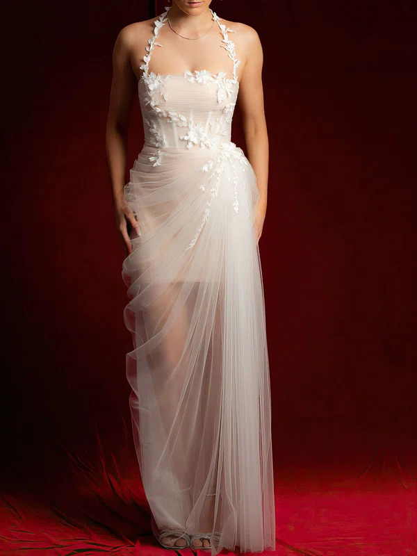 Sheath/Column Halter Tulle Floor-length Wedding Dress With Appliques Lace #Milly00028133