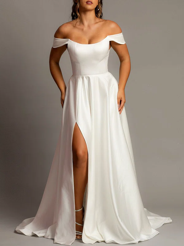 A-line Off-the-shoulder Satin Sweep Train Wedding Dress With Split Front #Milly00028134