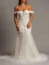 Trumpet/Mermaid Off-the-shoulder Tulle Sweep Train Wedding Dress With Appliques Lace #Milly00028135