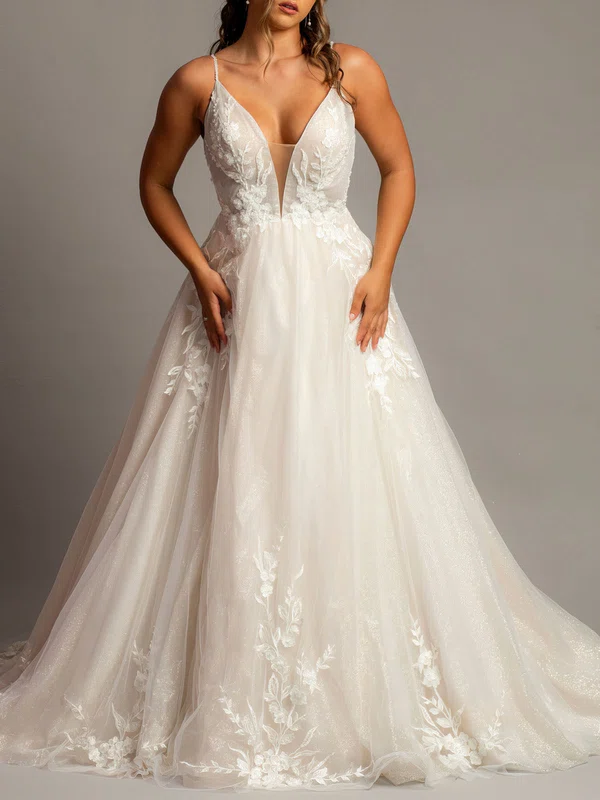 Ball Gown/Princess V-neck Glitter Court Train Wedding Dress With Appliques Lace #Milly00028137