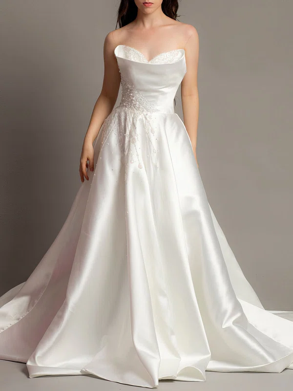 Ball Gown/Princess V-neck Satin Court Train Wedding Dress With Beading #Milly00028139