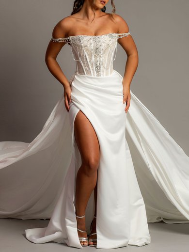 Trumpet/Mermaid Off-the-shoulder Satin Court Train Wedding Dress With Split Front #Milly00028140