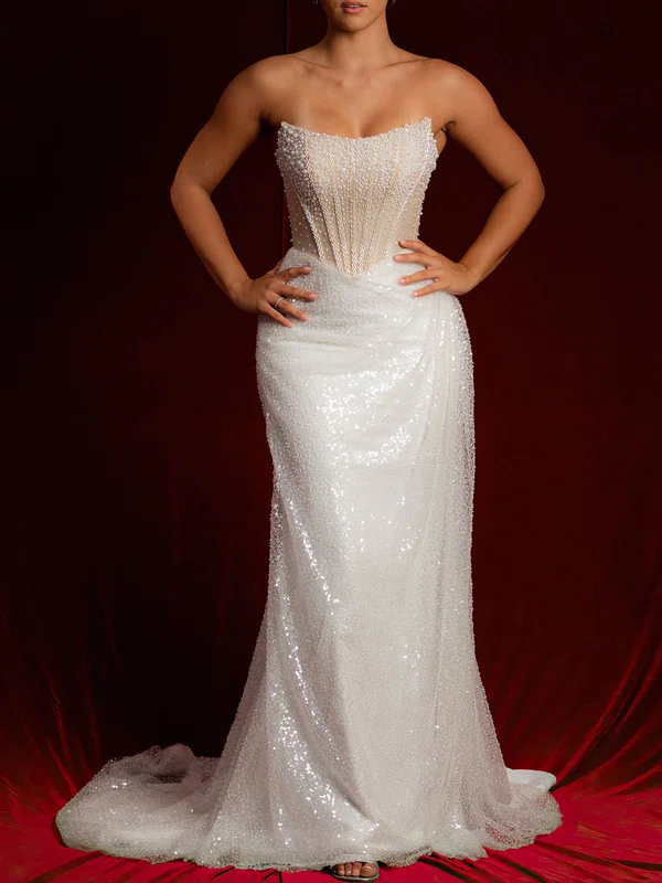 Trumpet/Mermaid V-neck Glitter Court Train Wedding Dress With Beading #Milly00028147