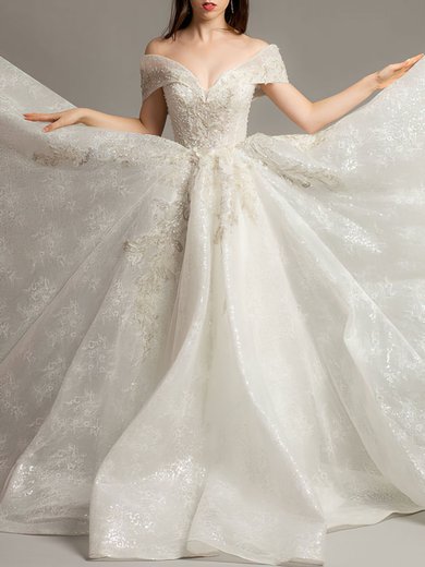 Ball Gown/Princess Off-the-shoulder Glitter Court Train Wedding Dress With Appliques Lace #Milly00028149