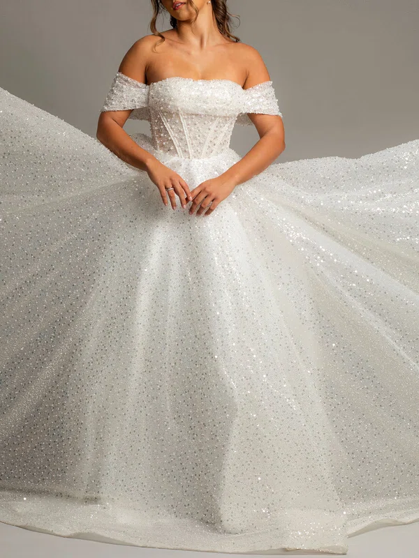 Ball Gown/Princess Off-the-shoulder Glitter Court Train Wedding Dress With Pearl Detailing #Milly00028150