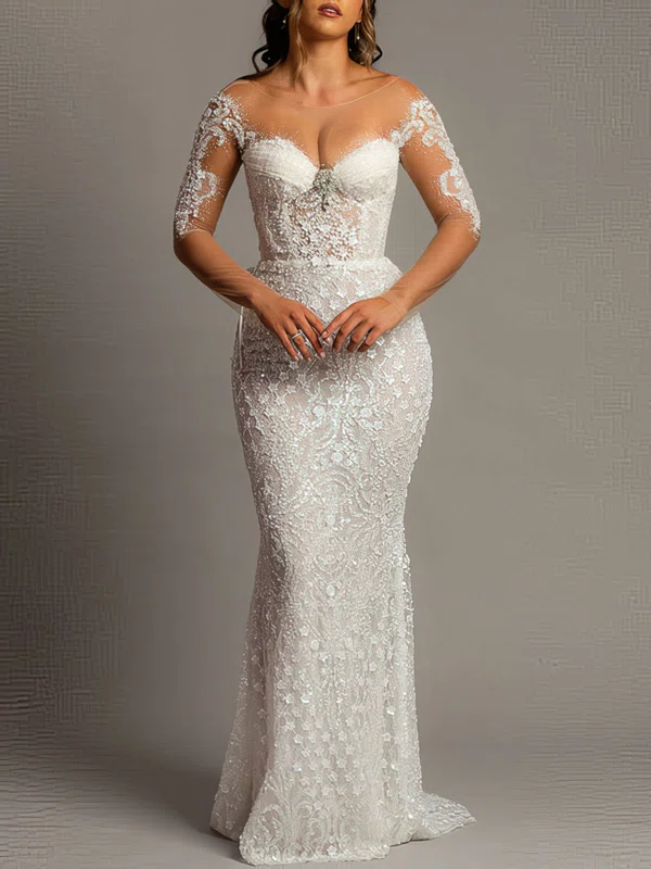 Sheath/Column Illusion Glitter Lace Sweep Train Wedding Dress With Beading #Milly00028152