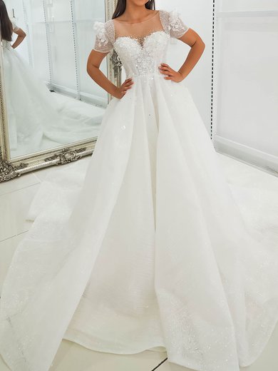 Ball Gown/Princess Illusion Glitter Cathedral Train Wedding Dress With Beading #Milly00028154