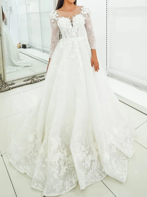 Ball Gown/Princess Illusion Lace Court Train Wedding Dress With Appliques Lace #Milly00028156